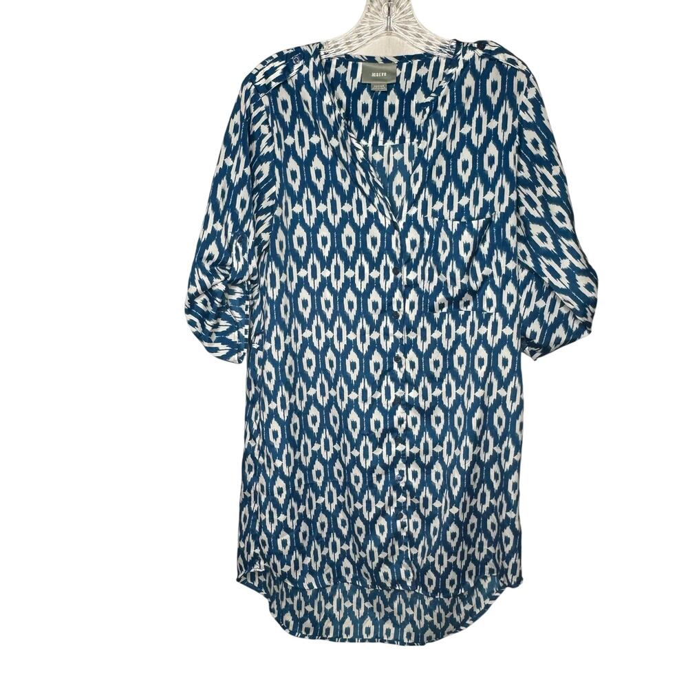 Maeve Anthropologie Blue White Ikat Print Tunic Blouse Medium 3/4‎ Sleeve Boho